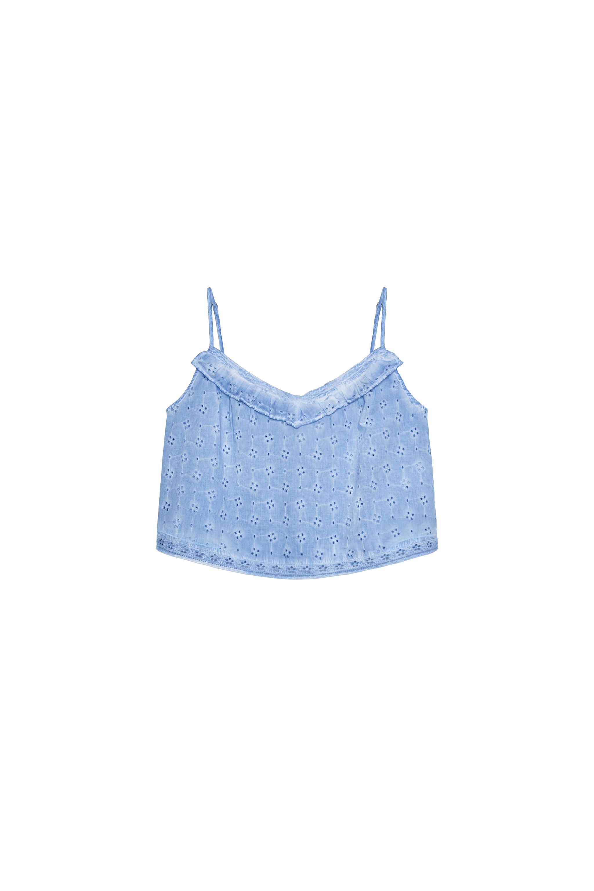 WASHED EFFECT EYELET EMBROIDERED TOP